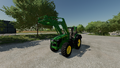 In-game view of John Deere 7R Series row crop tractor with 700M front loader and Laforge EZ 1700 (under the tractor) weight attached