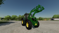 In-game view of John Deere 6R Series row crop tractor with 643R front loader attached